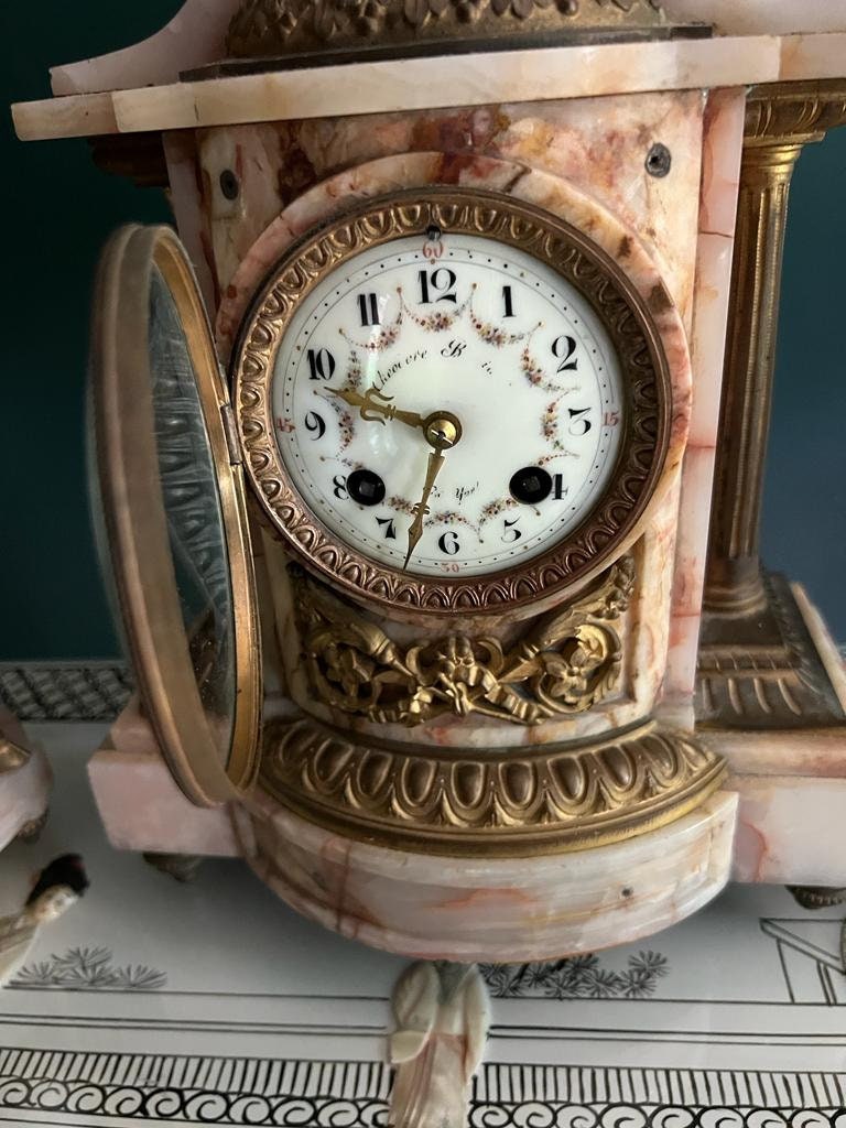 19th Century Alabaster Brass Mantel Clock Set Decorative Antique French Candelabra Pair Elegant Gilded Classical Style Home Display Decor