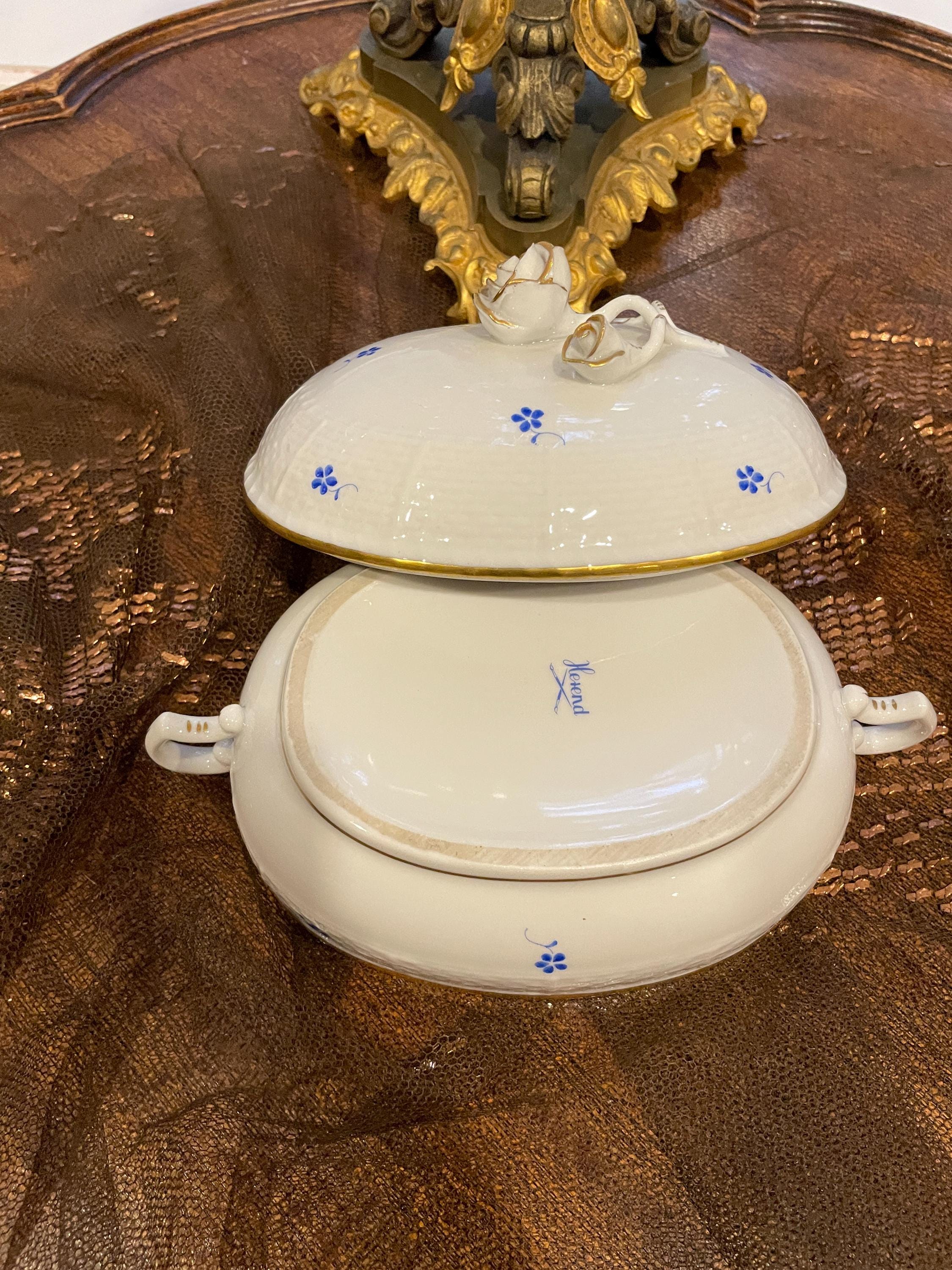 Vintage Herend Porcelain Covered Dish Floral Gold Accents Rose Handle Hungary Handmade Elegant Collectible Kitchen Centerpiece Tableware