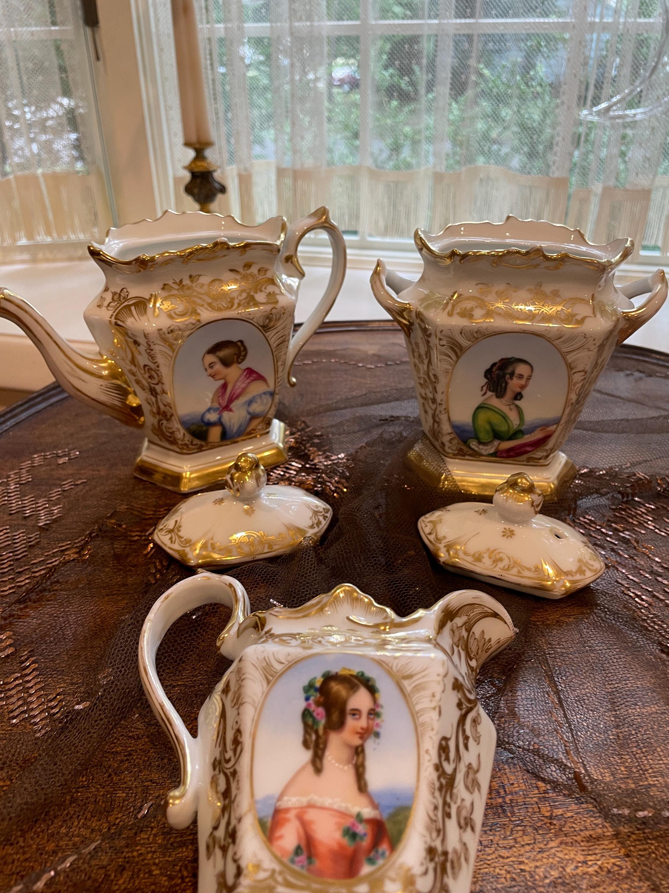 Very Old Paris Portrait Gold Gilt Porcelain Hand Painted Creamer Sugar Bowl Coffee Pot Victorian Ornate Gilded Serving Tray French Tea Set