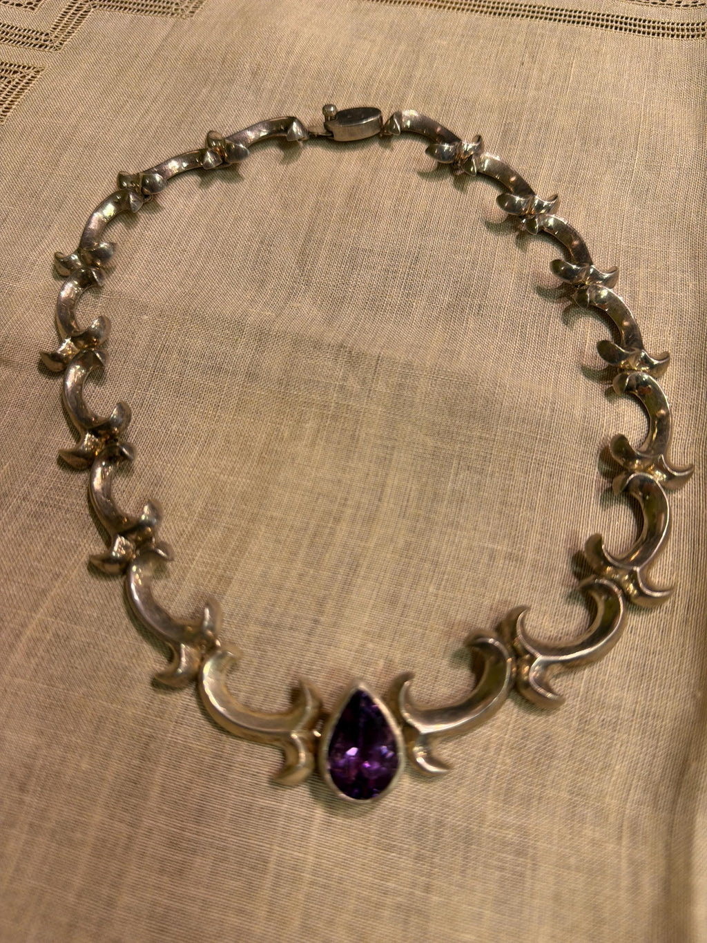 Vintage Taxco Sterling Silver Amethyst Necklace, Modernist Mexican Silver Statement Necklace, Sculptural 925 Link Necklace, Artisan Jewelry
