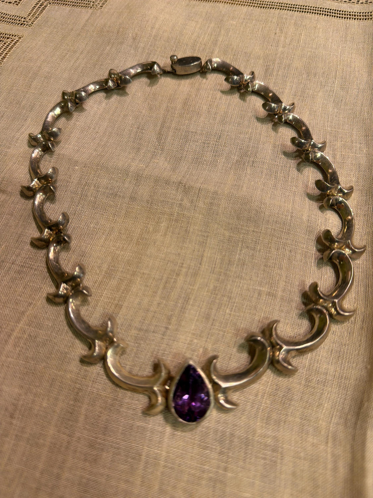 Vintage Taxco Sterling Silver Amethyst Necklace, Modernist Mexican Silver Statement Necklace, Sculptural 925 Link Necklace, Artisan Jewelry
