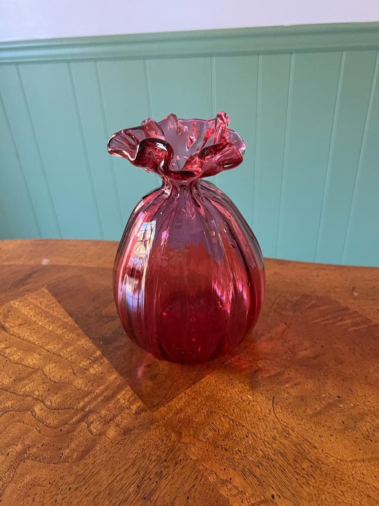 Vintage Cranberry Art Glass Vase Hand Blown Ruffled Top Deep Pink Purple Hue Decorative Collectible Midcentury Style Table Centerpiece