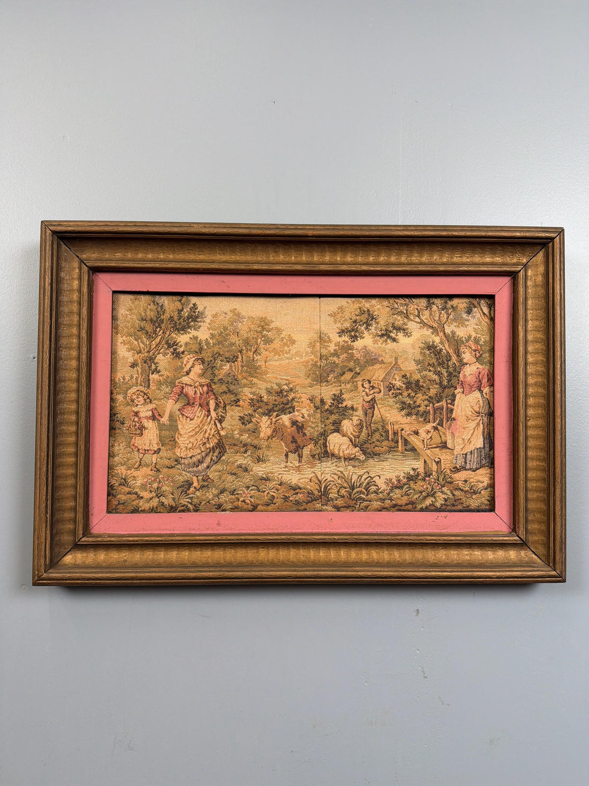 Vintage Framed Pastoral Tapestry Wall Art French Countryside Scene Shepherd Sheep Farm Cottage Decor