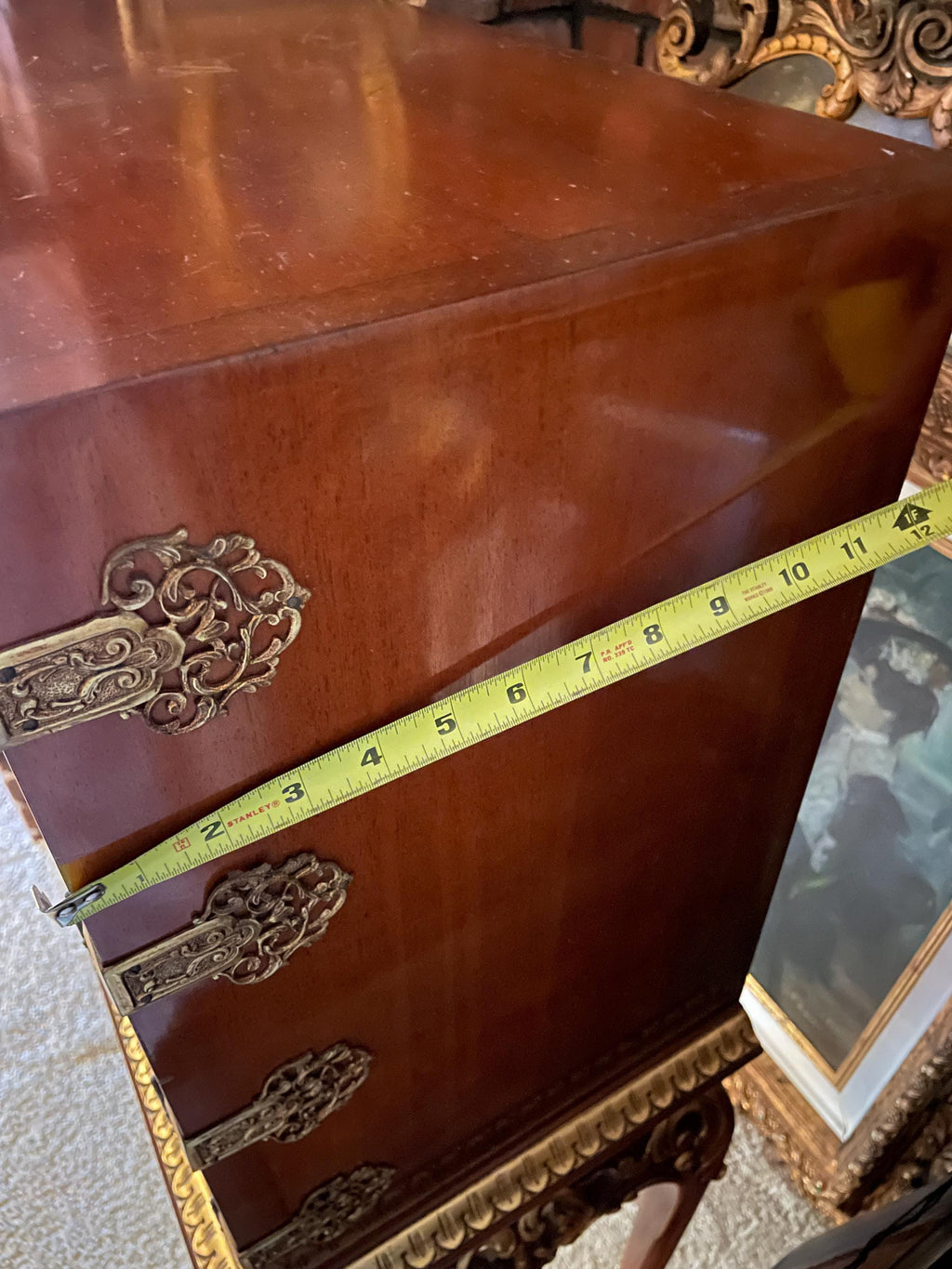 Vintage French Style Accent Cabinet, Floral Inlay, Gold Gilded Table Drink Cabinet