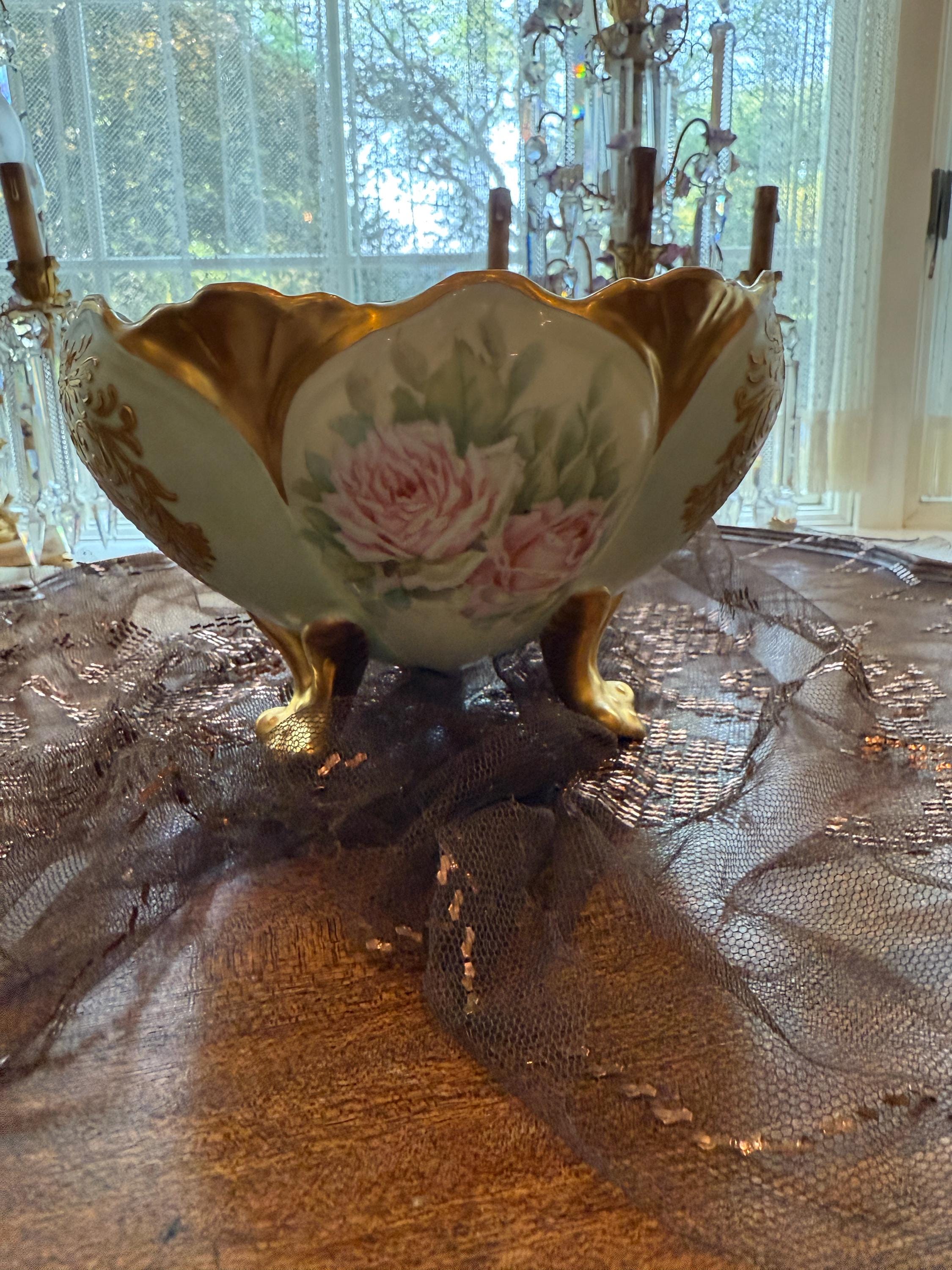 Hand-Painted French Porcelain Footed Bowl with Gold Accents, Vintage Decorative Centerpiece Fruit Bowl  Serving Dish Gold Pink Floral Dish