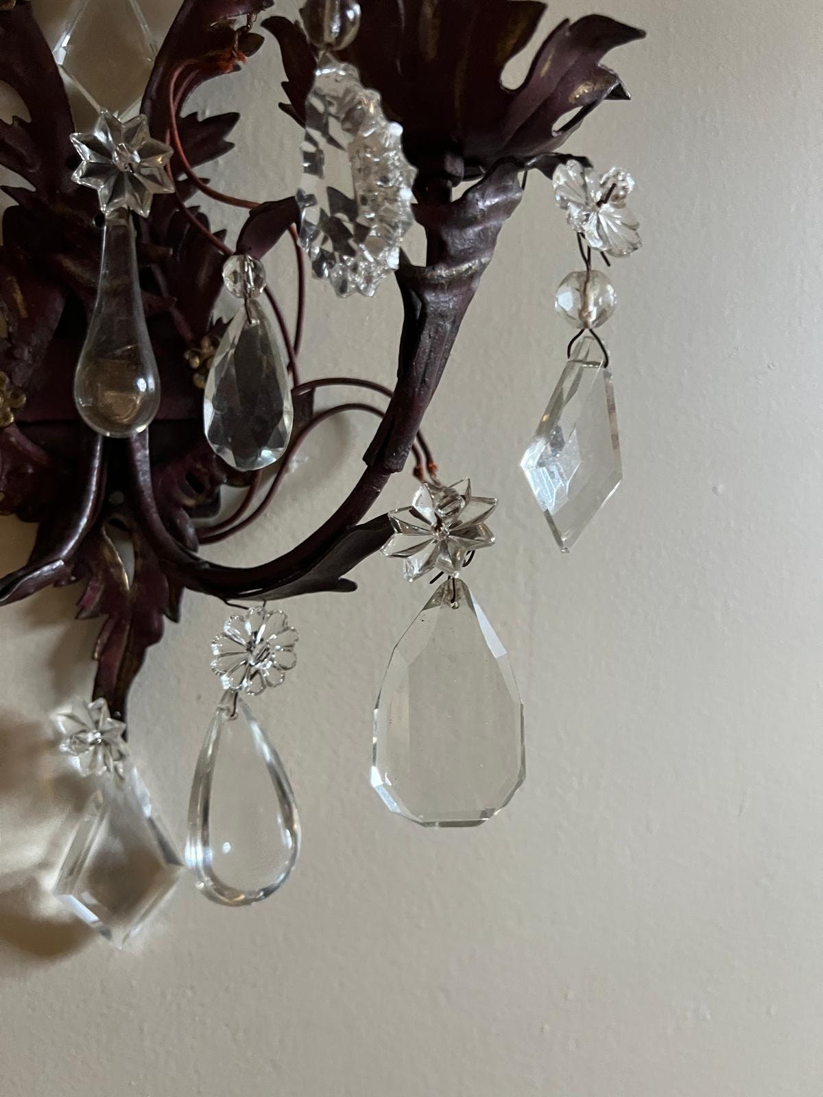 Vintage Italian Wall Sconces Pair Crystal Prism Drops Leaf Design Two Light Metal Fixtures Antique Style Elegant Lighting Home Decor