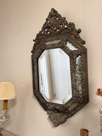 Antique French Bronze Rococo Mirror, Ornate Floral Crest, Beveled Glass