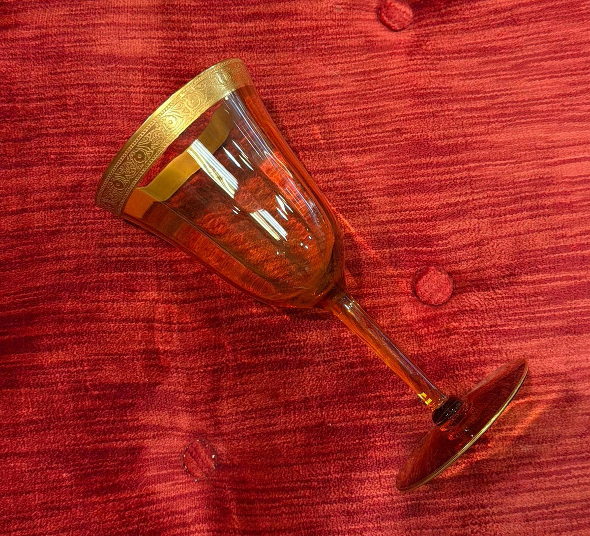 Vintage Amber Wine Glass Set Gold Rim Goblets Hollywood Regency Barware Elegant Stemware Set of 8