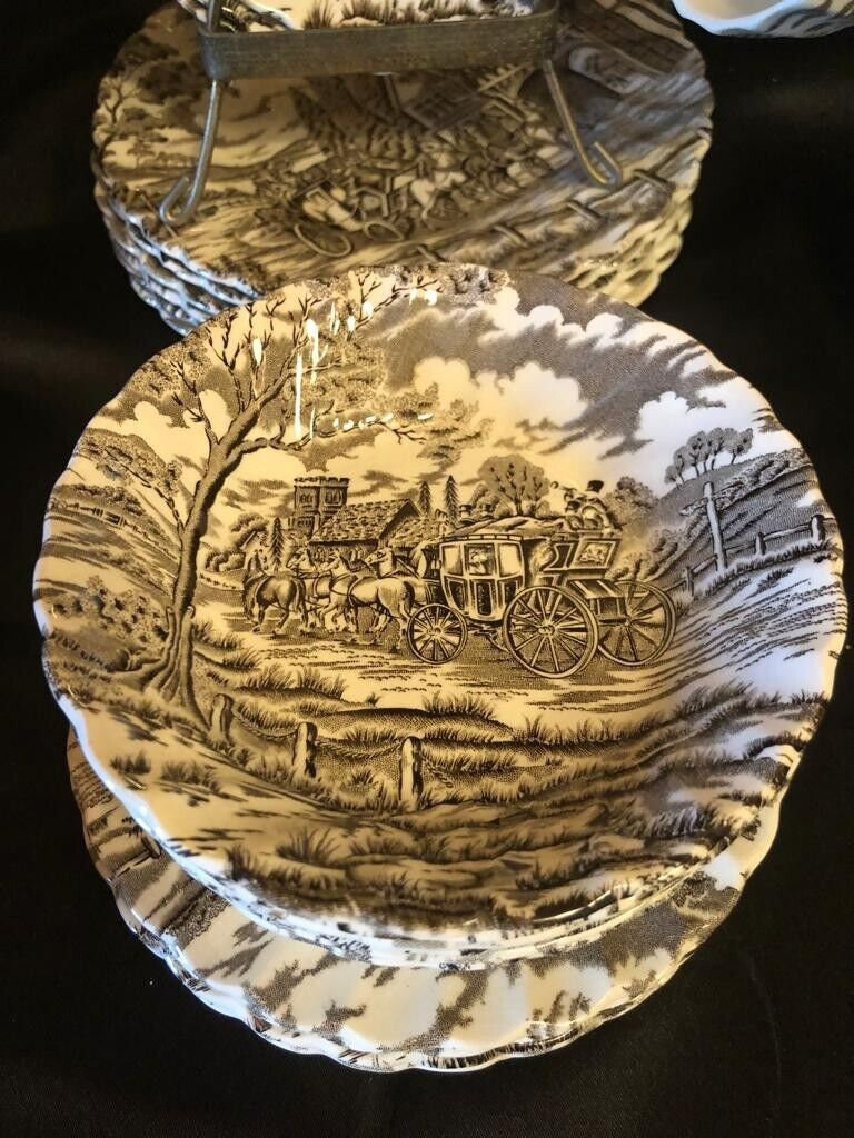 Vintage Royal Mail Heritage Hall Staffordshire Transferware English China Dinnerware Tea Set Rare English Country Horse Carriage Scene