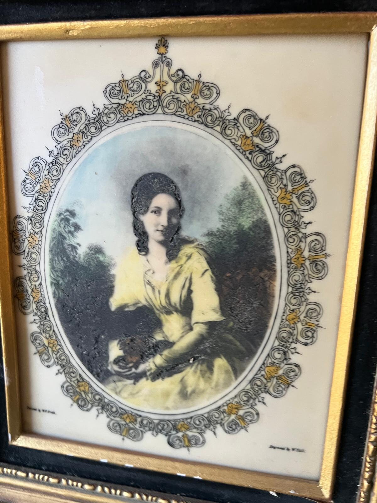 Victorian Style Ornate Framed Portrait Print Wall Art Featuring Woman Holding Flowers Antique Gold Frame Decorative Vintage Home Decor