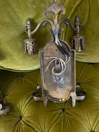 Antique Art Deco Bronze Wall Sconce Pair Leaf Motif Beveled Mirror Electric Light Fixture Ornate Gothic Revival Style Architectural Salvage