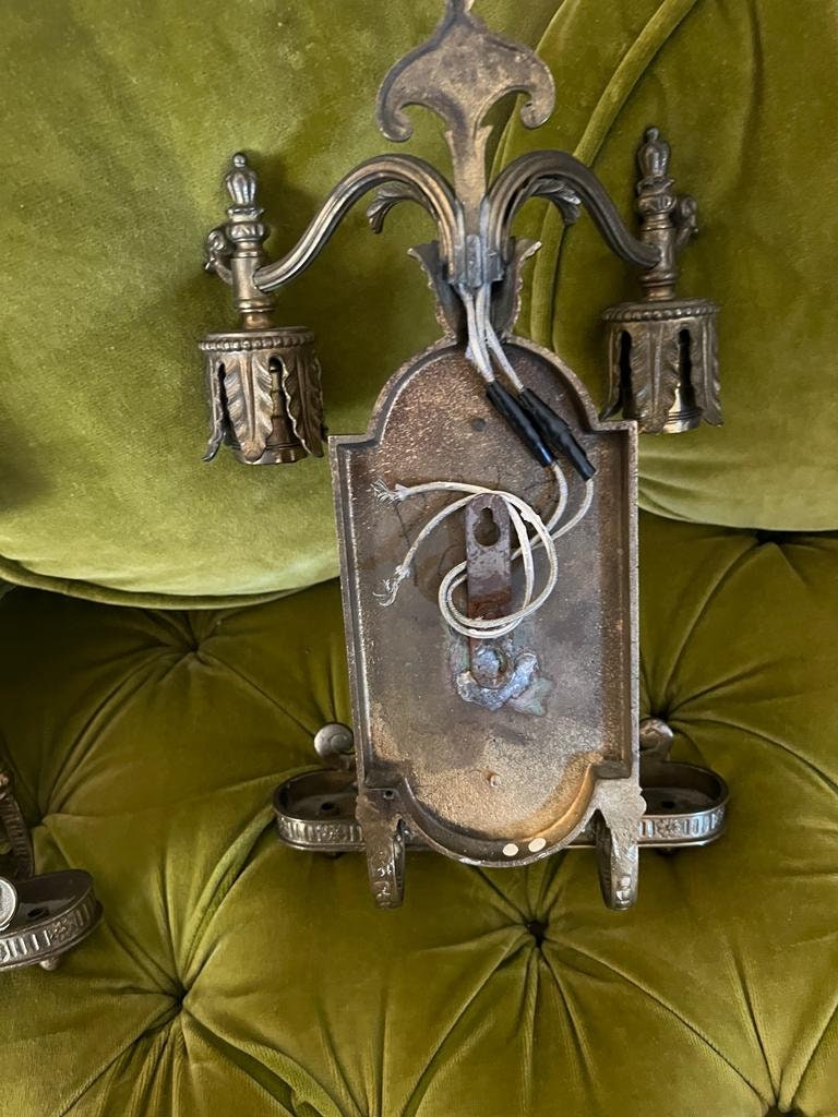 Antique Art Deco Bronze Wall Sconce Pair Leaf Motif Beveled Mirror Electric Light Fixture Ornate Gothic Revival Style Architectural Salvage