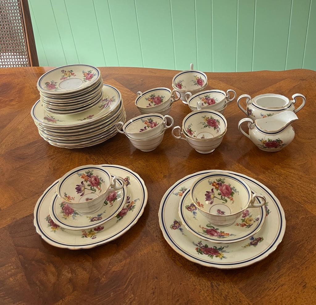 Vintage 40s Aynsley Claridge Floral 12 Person Cups Saucers Plates Made in England Fine Bone China Blue Gold Trim Cottagecore Decoration