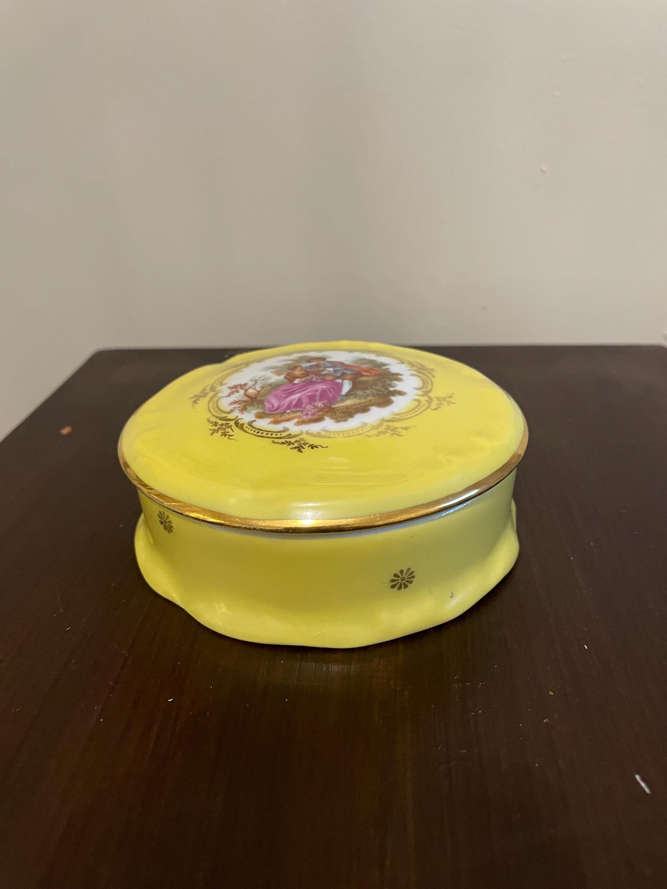 Vintage Yellow Porcelain Jewelry Box Gold Accent Romantic Scene Limoges Collectible Decorative Keepsake Organizer Home Decor Gold Vanity Box