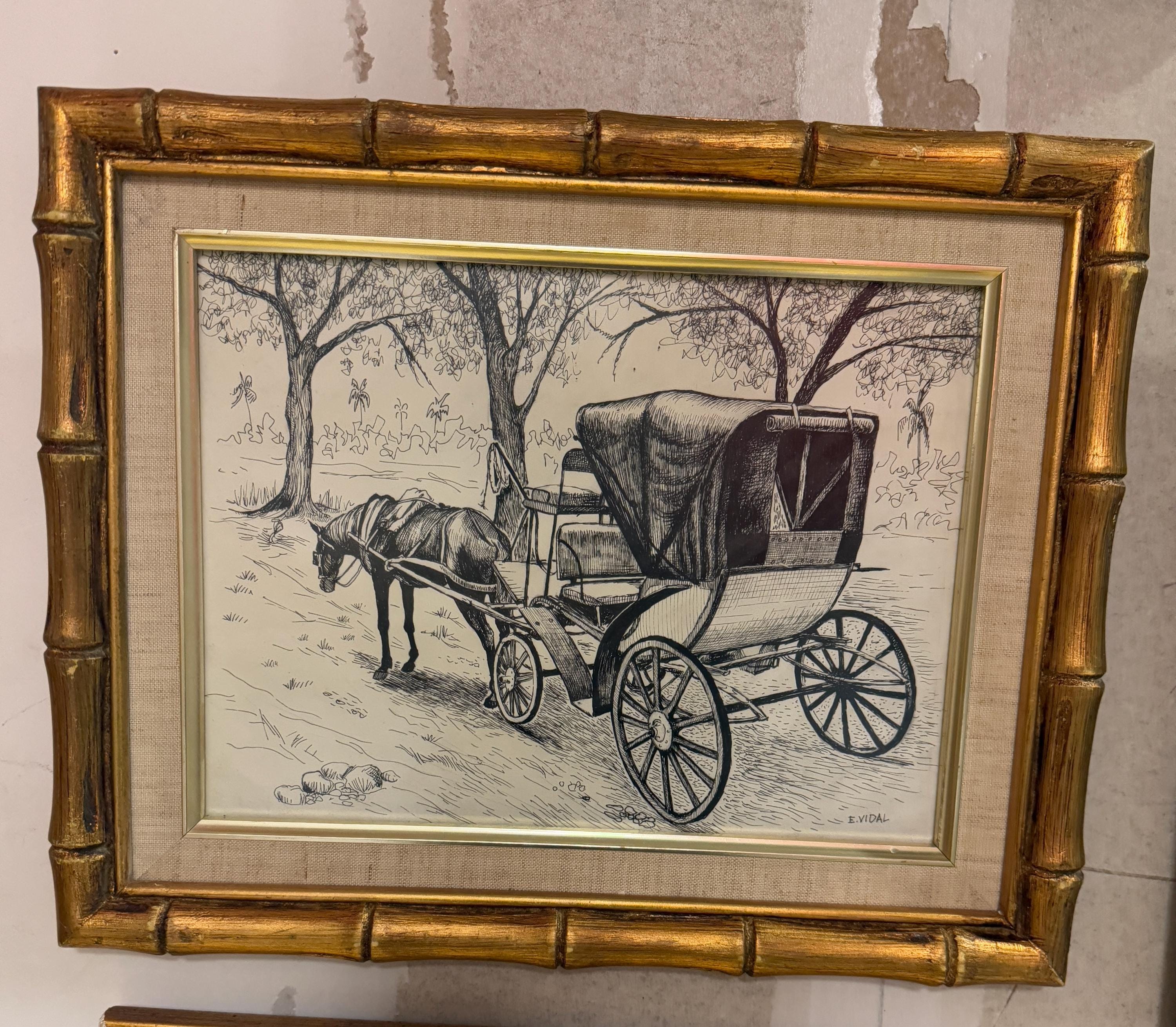 Vintage Horse Carriage Drawing Signed E. Vidal Gold Wood Bamboo Style Frame Rustic Farmhouse Wall Art Ink Illustration Home Wall Decoration
