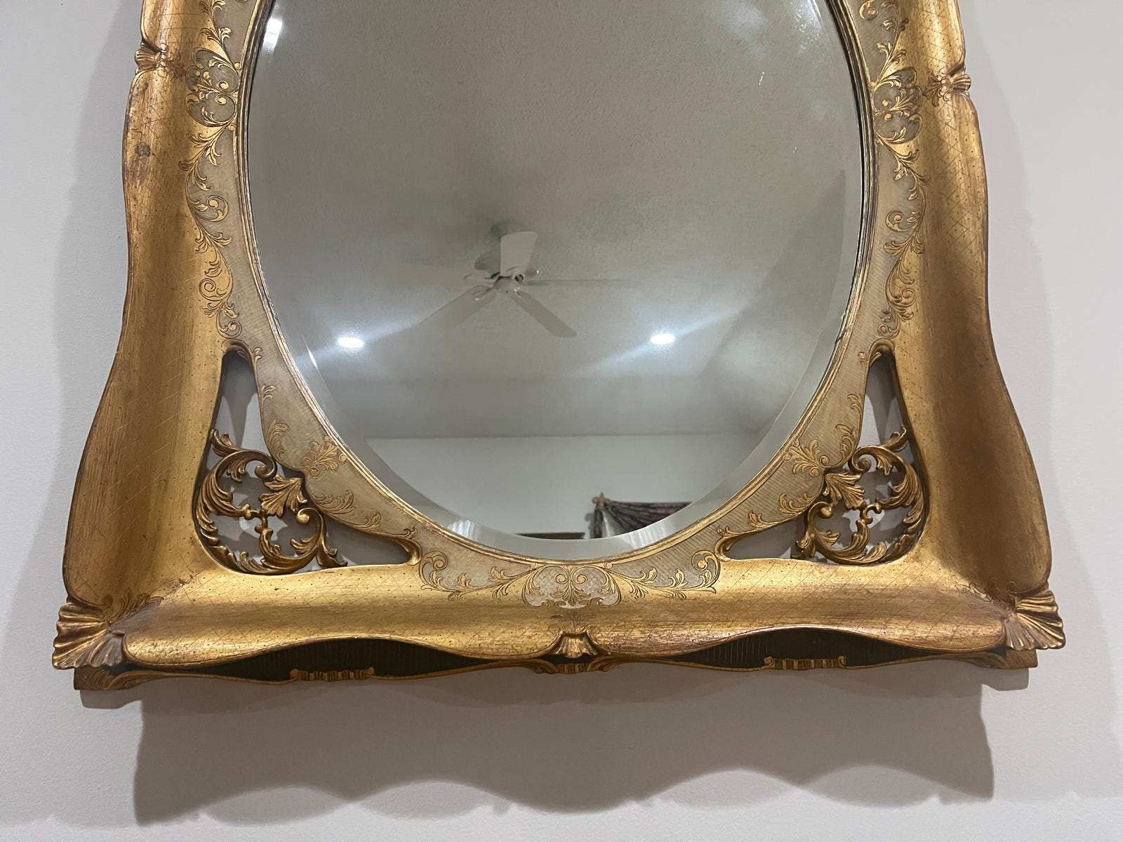 Vintage Gold Green Beveled Mirror Ornate Antique Baroque Rococo Style Wall Mirror Decorative Frame Elegant French Inspired Design Piece