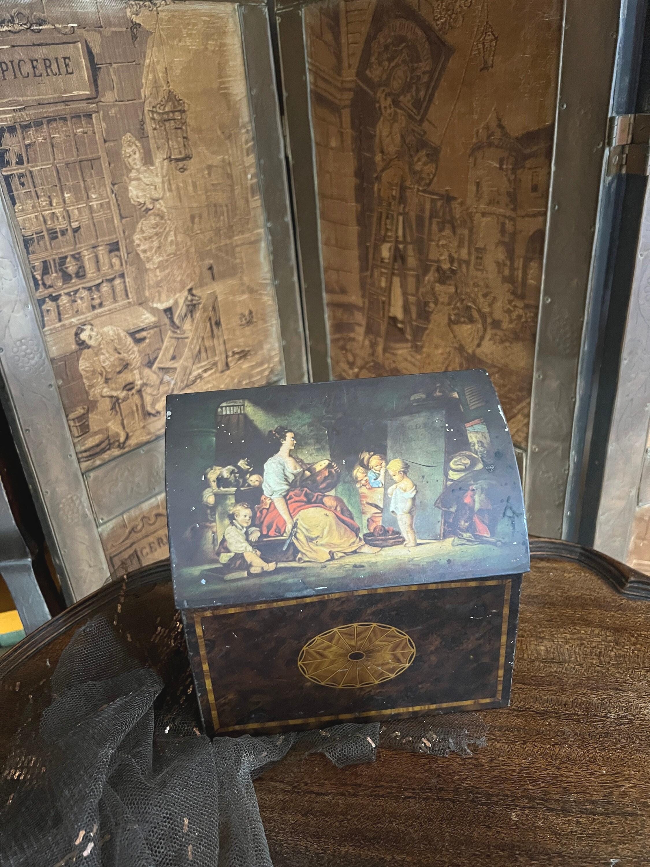 Vintage Metal Storage Tin Box European Classical Art Dome Lid Decorative Container Unique Rustic Antique Style Collectible Keepsake Holder