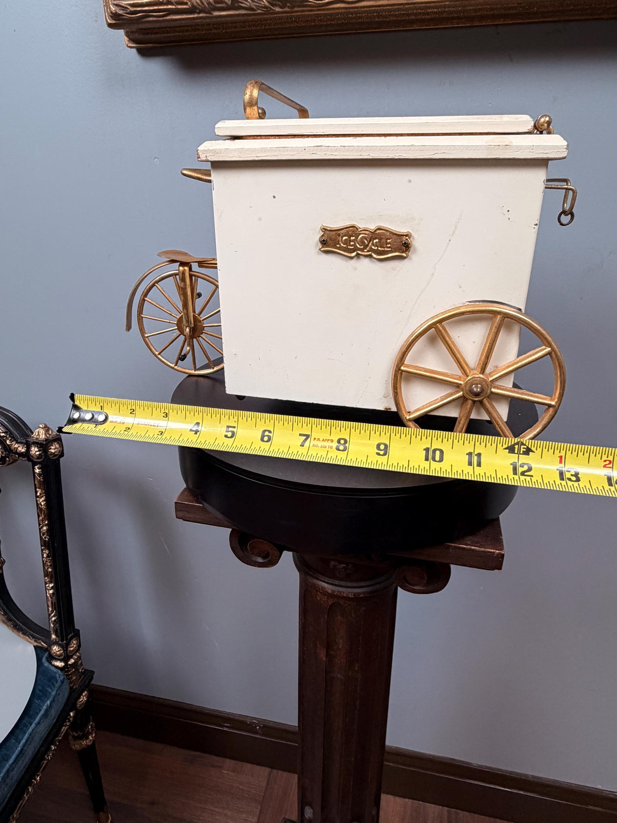 Vintage Ice Cycle Tricycle Ice Bucket Wine Cooler Bar Cart Brass & White Wood Barware