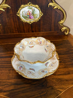 Antique French Limoges Porcelain Bowl Attached Underplate One-Piece Bowl Saucer Hand Painted Roses & Gold Gilt Serving Dish fixed Under-tray