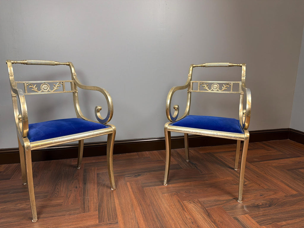 Pair Hollywood Regency Gilt Armchairs, Blue Velvet Seats, Neoclassical Scroll Accent Seating