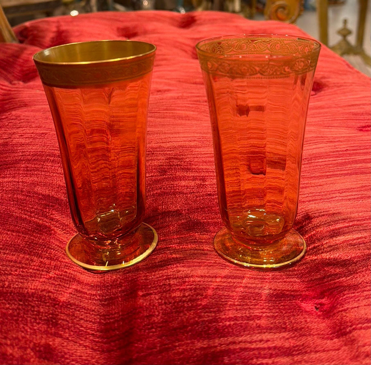 Vintage Amber Glass Tumblers Set of 7 Gold Rim Two Patterns Highball Glasses Mid Century Barware Honey Gold Drinkware