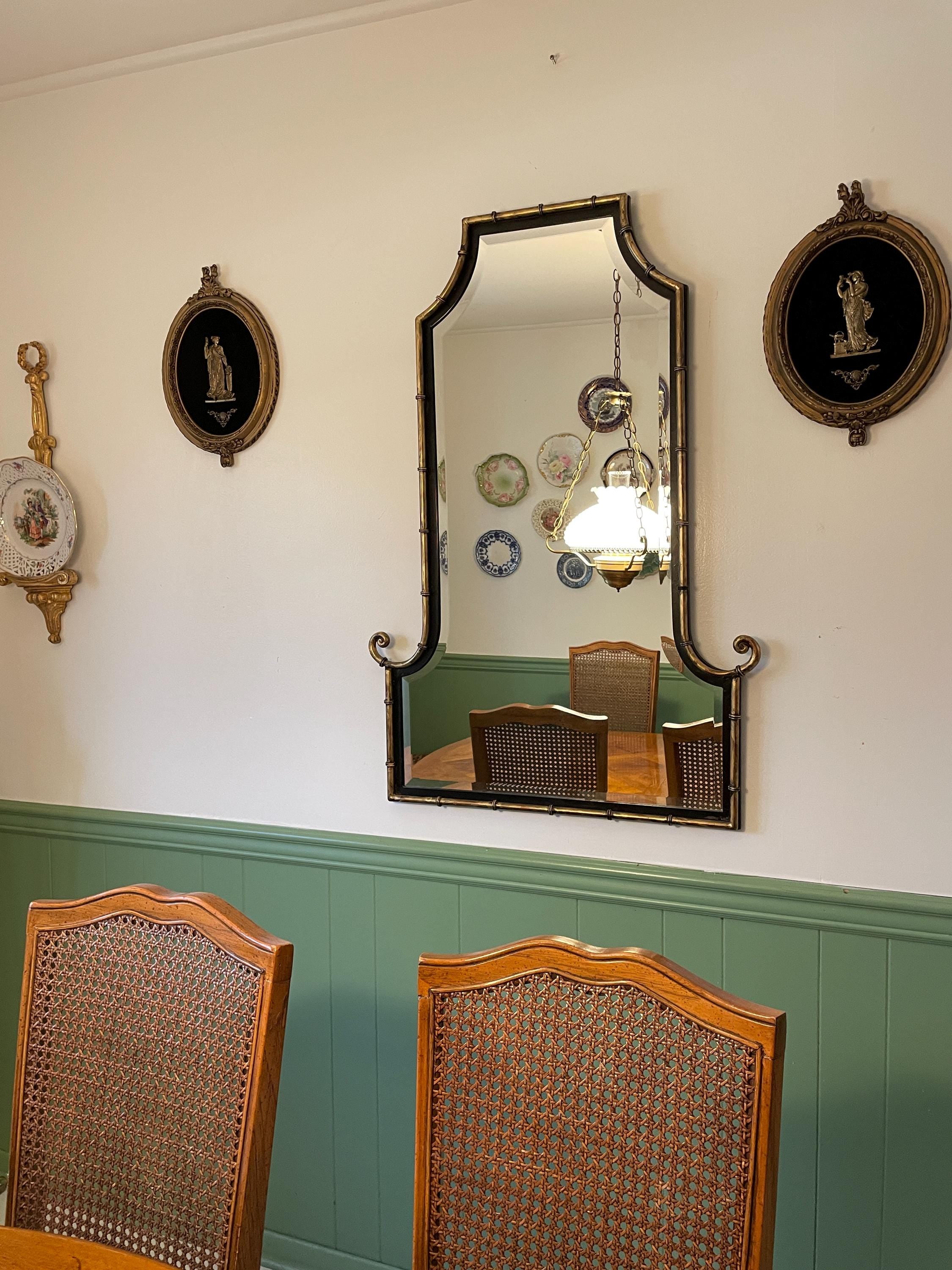 Pair of Horchow Black & Gold Metal Bamboo Design Chinoiserie Wall Hanging Home Decoration Beveled Mirrors Luxurious Home Decoration Mirror