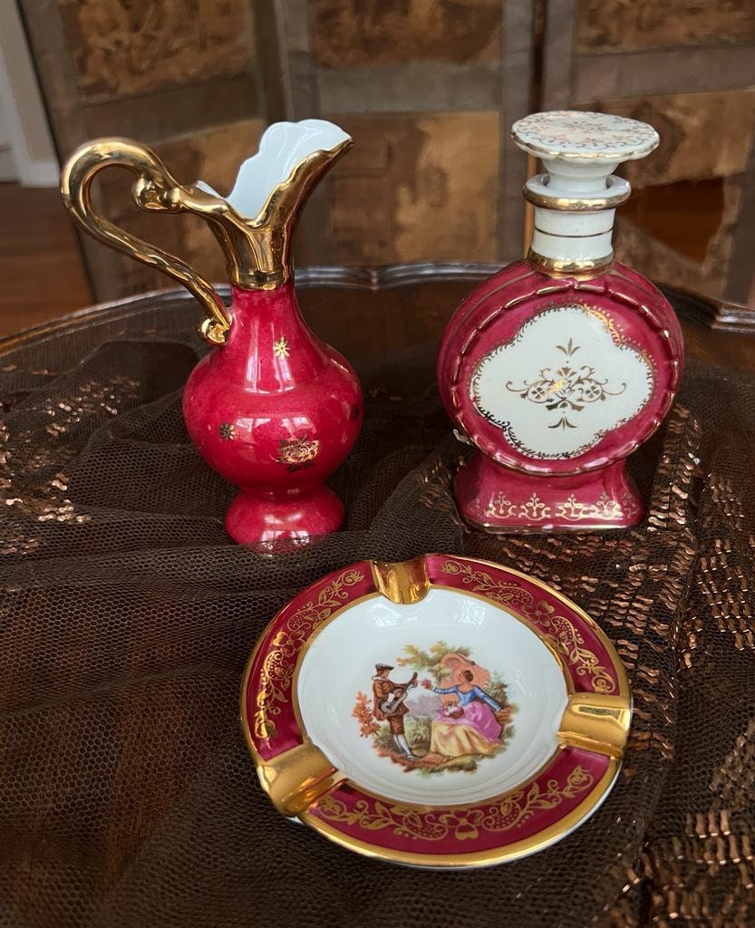 Limoges France Pink Gold Porcelain Perfume Bottle Pitcher Ashtray Set Romantic Scene Rococo Decoration Collectible Vintage Elegant Gift