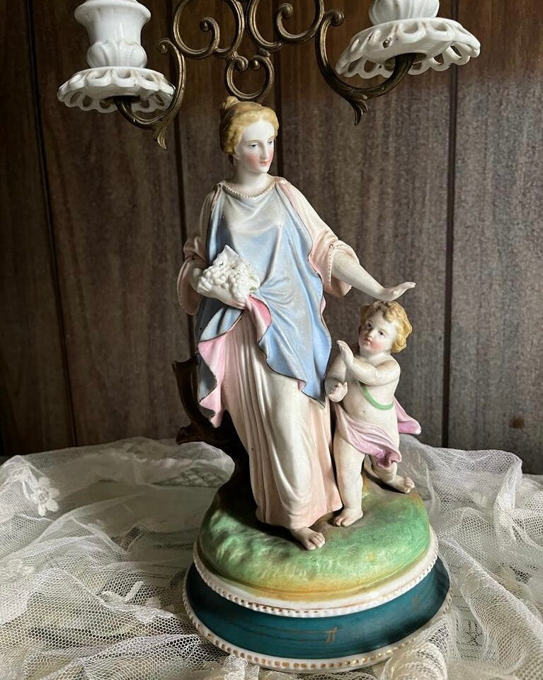 1900s Victorian Porcelain Figurine Girl with Cherub Candlesticks Candelabra