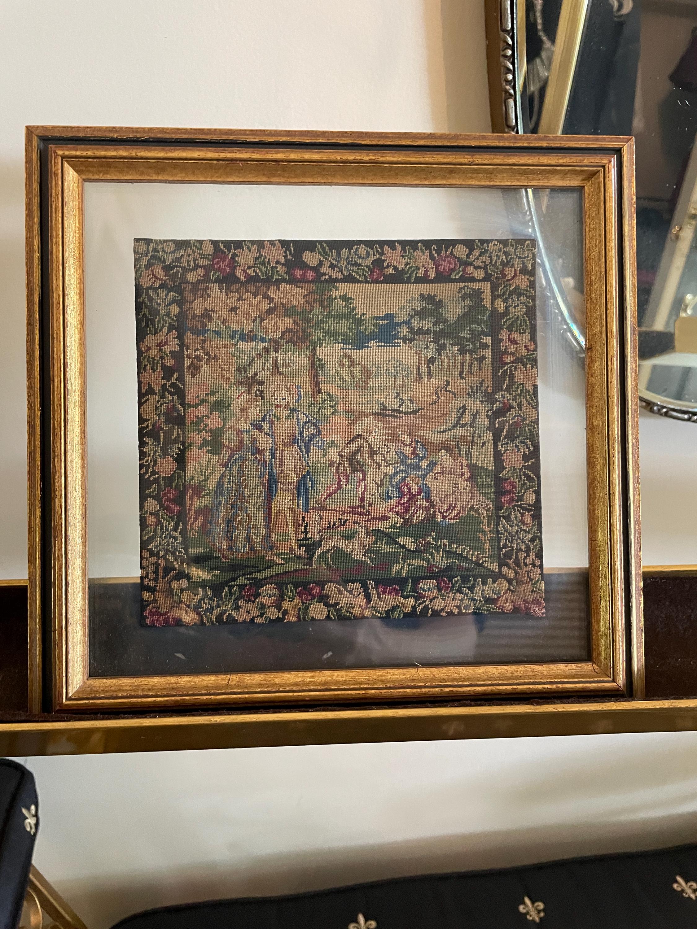 Vintage Handcrafted Needlepoint Tapestry Art Gold Frame Romantic Pastoral Scene European Wall Decoration Antique Style Embroidery Picture