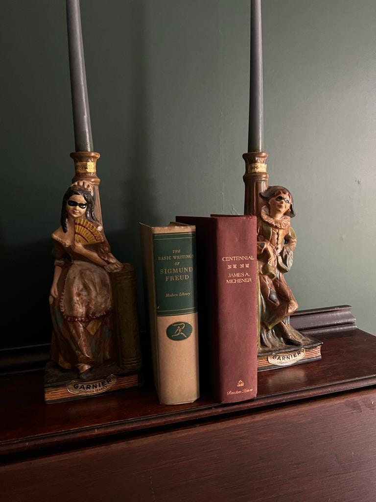 Rare Garnier French Bookend Pair Art Deco Ceramic Characters Candle Holder Unique Colorful Home Decoration Shelf Accent Conversation Piece