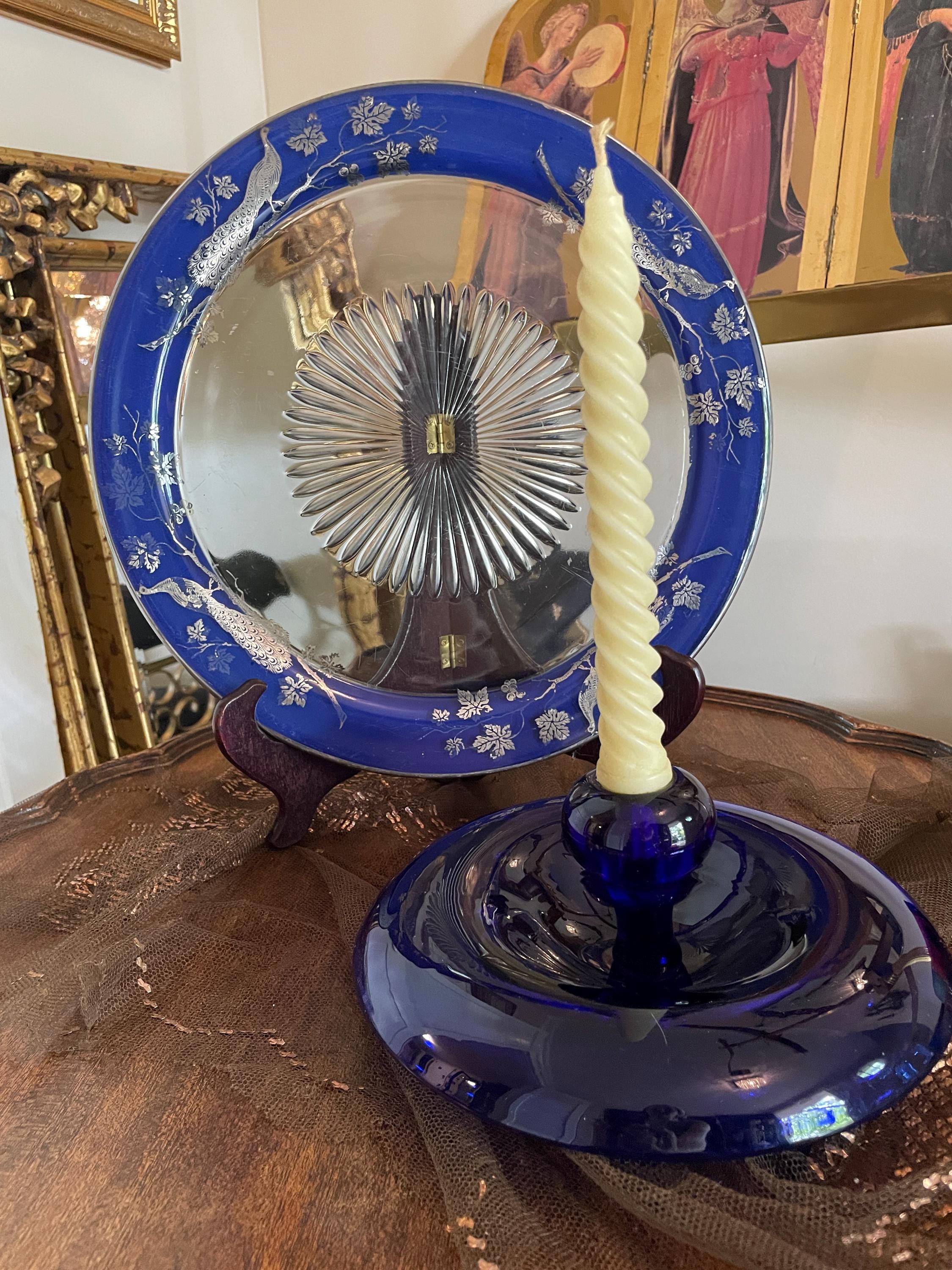 Vintage Sterling Blue Glass Plate Peacock Design Intricate Etching Detailed Glasswork Beautiful Antique Collector's Item Display Home Design