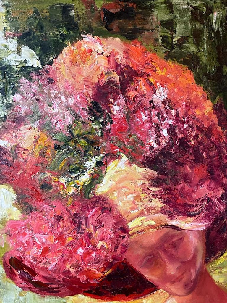 Original Abstract Oil Painting Woman in Floral Hat Signed Colorful Thick Texture Art Large Wall Decor Feminine Impressionism Unique Bold