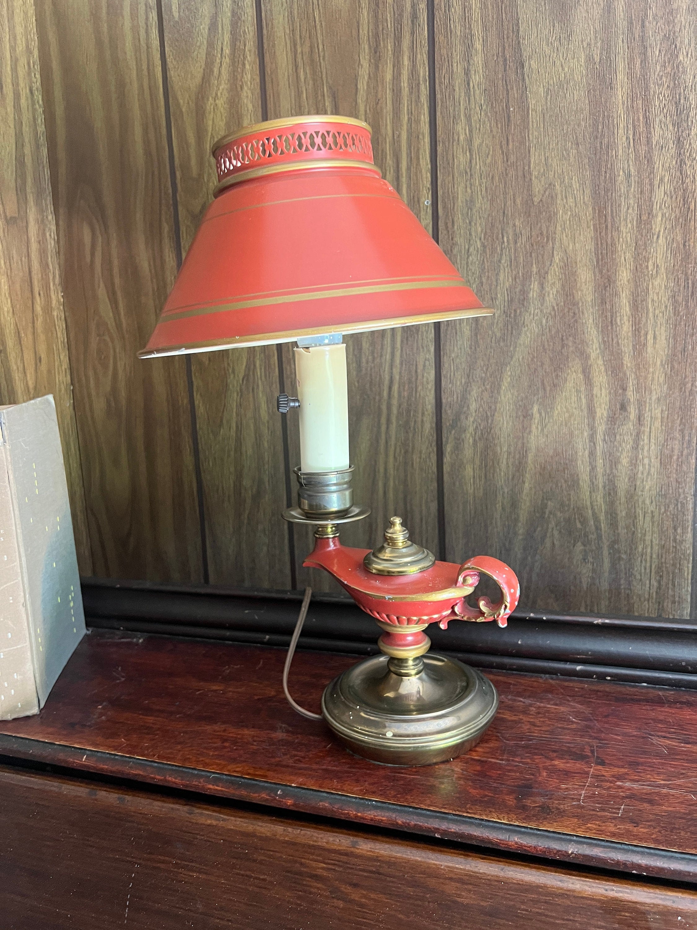 Vintage Aladdin Style Genie Lamp Table Light Unique Red Brass Metal Shade Accent Lighting Magic Oil Lamp Shape Mid Century Decor Gift Idea