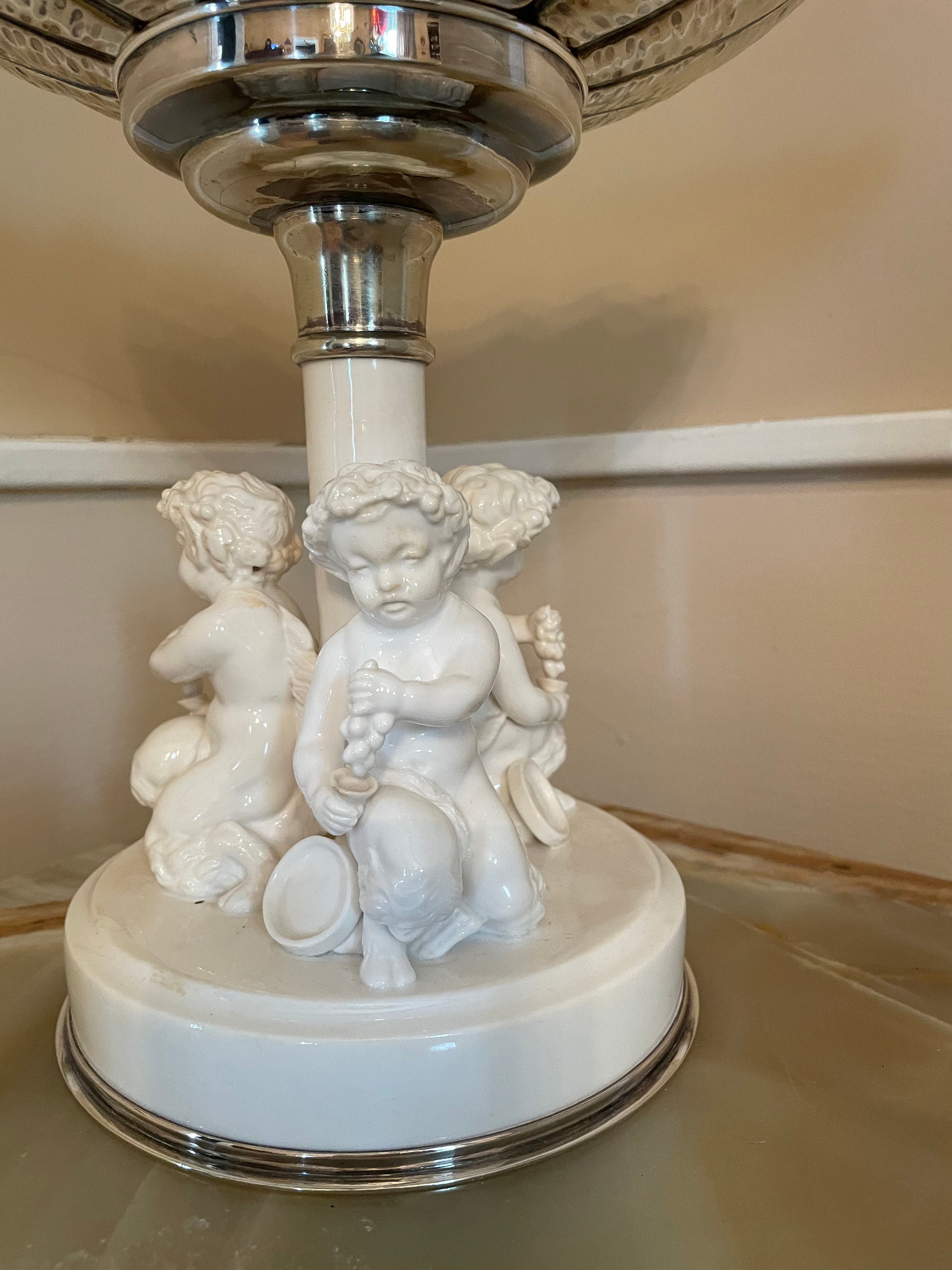 Vintage Decorative Compote Cherub Base Ornate Pedestal Bowl Hammered Metal Top Baroque Style Fruit Dish Romantic Rococo Accent Piece