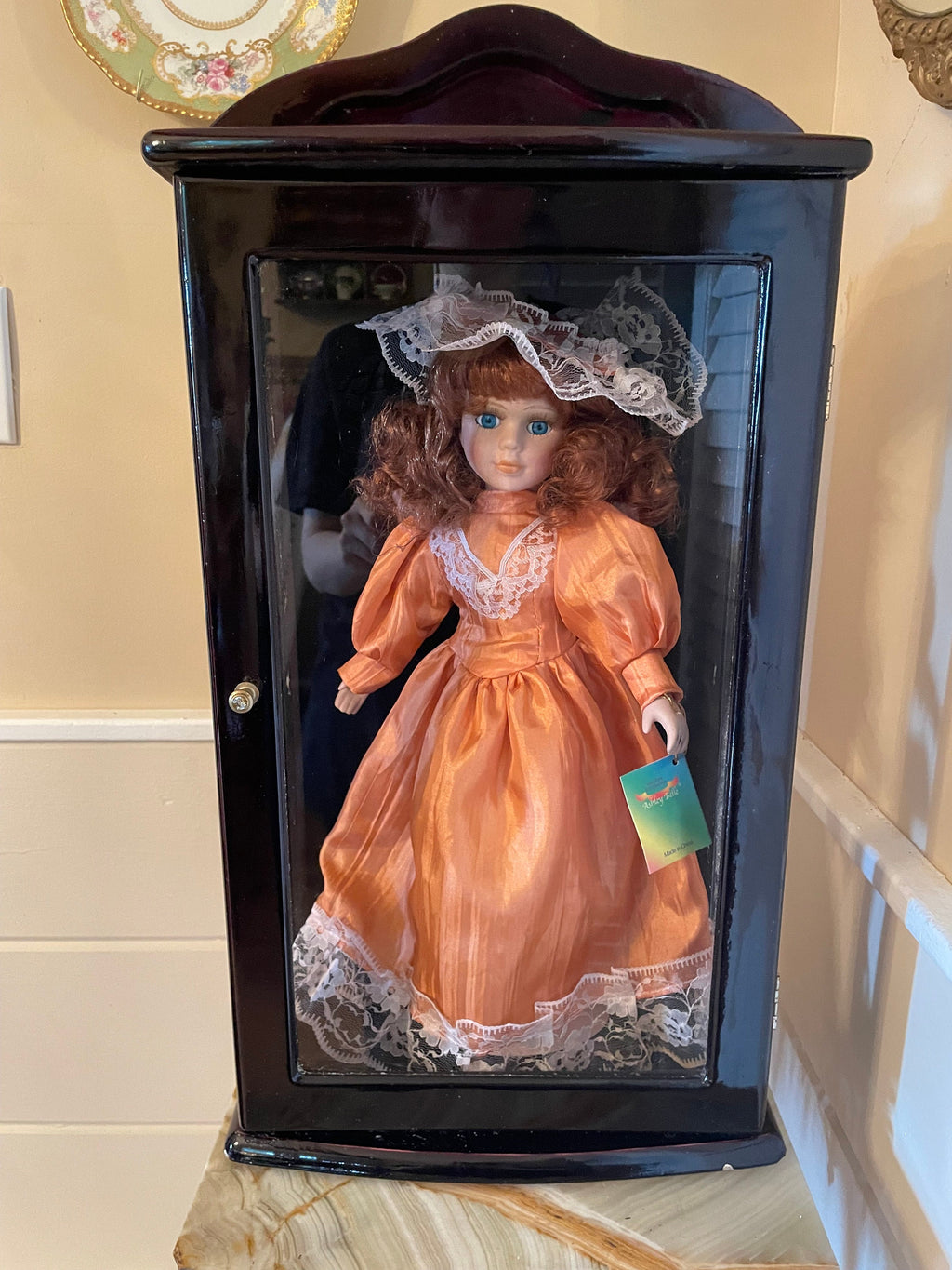 Ashley Belle Porcelain Doll Orange Satin Dress Lace Bonnet Collectible Display Figure Victorian Style Limited Edition Keepsake Beauty