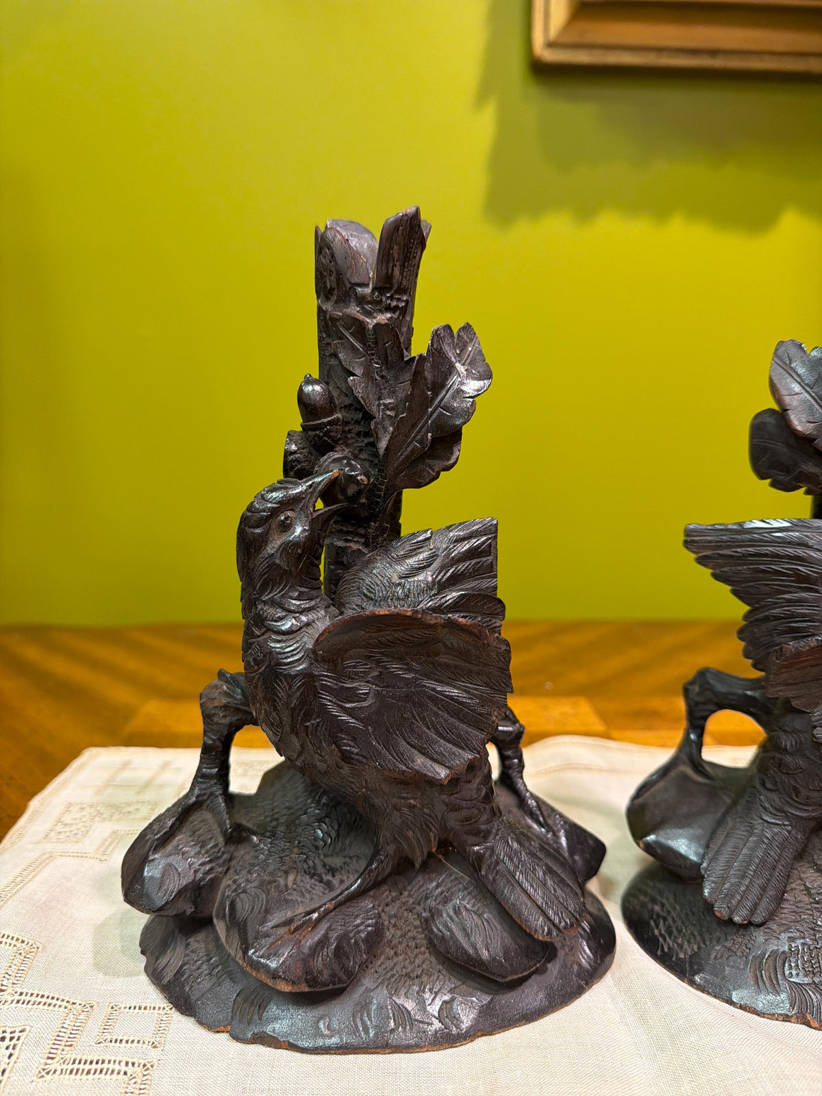 Antique Black Forest Hand Carved Bird Candlesticks Pair Oak Leaves Acorns Alpine Folk Art Wooden Candle Holders