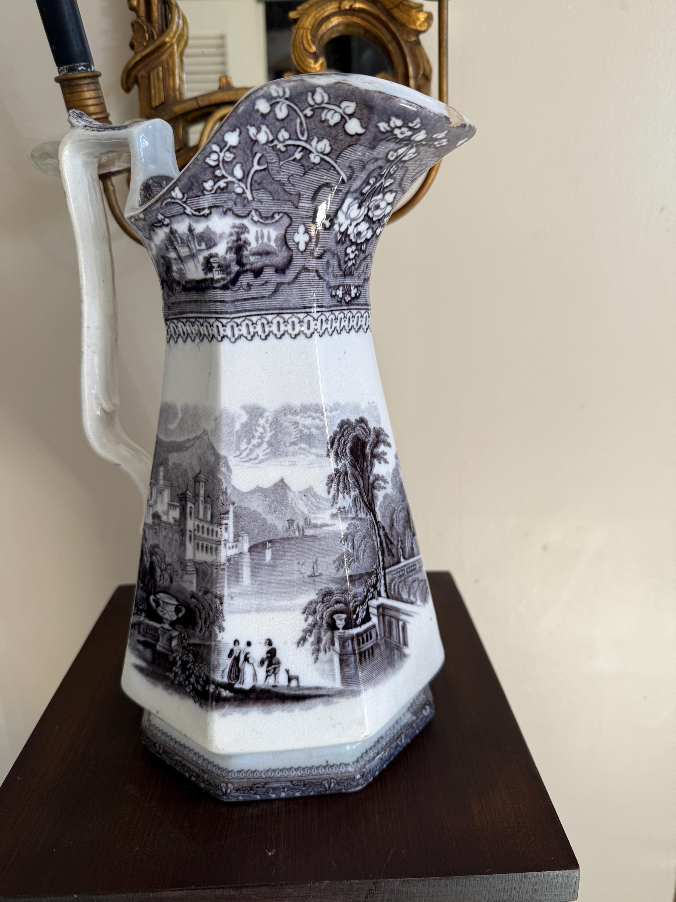 Antique Jug Pitcher Alleghany Ironstone Black Transferware Jug by R. Goddard & Co.19th C. American Pottery Romantic Pastoral Landscape Motif