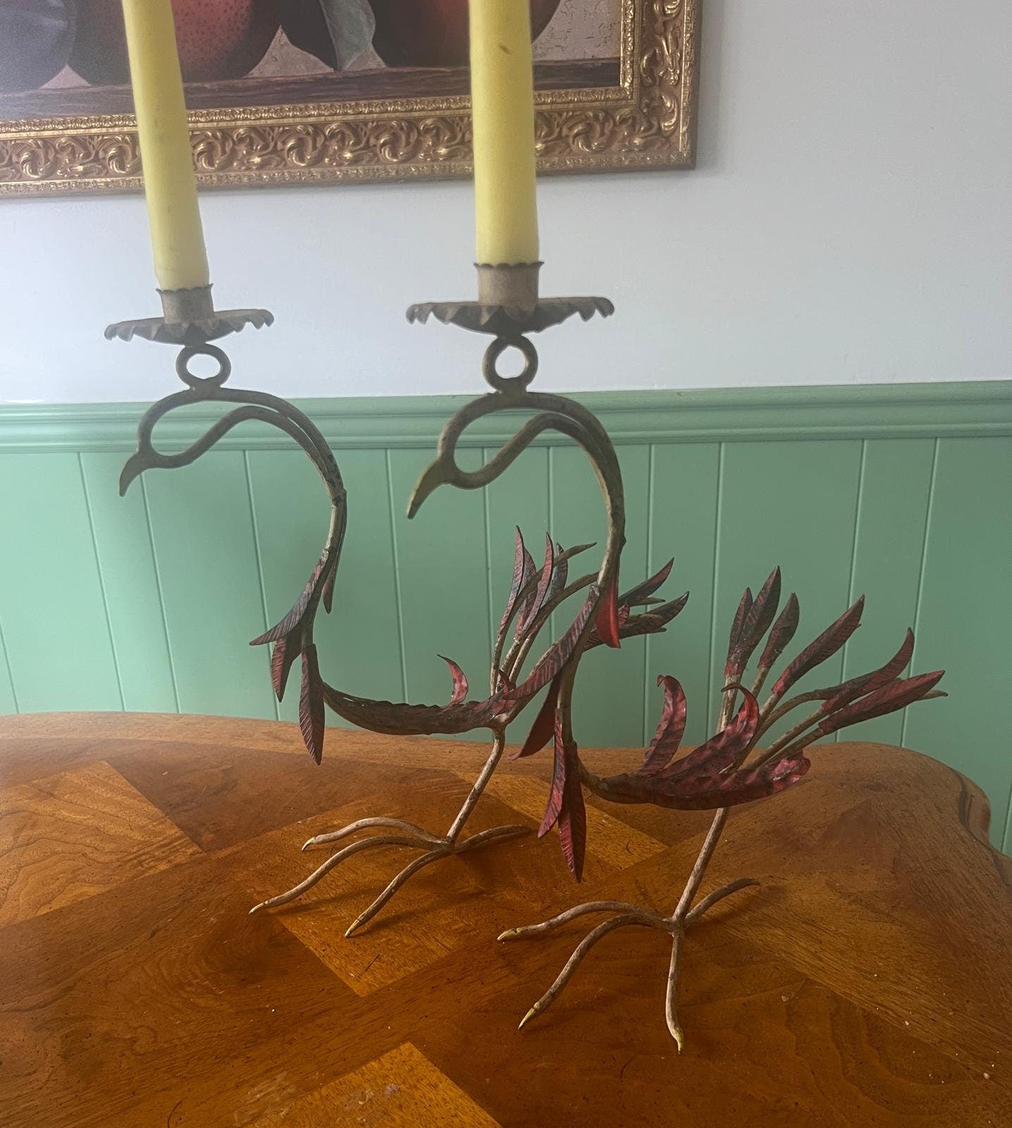 Vintage Handcrafted Rooster Candelabra Pair Sculptural Mid Century Folk Art Metal Candle Holders Statement Table Decoration Unique Iron Art