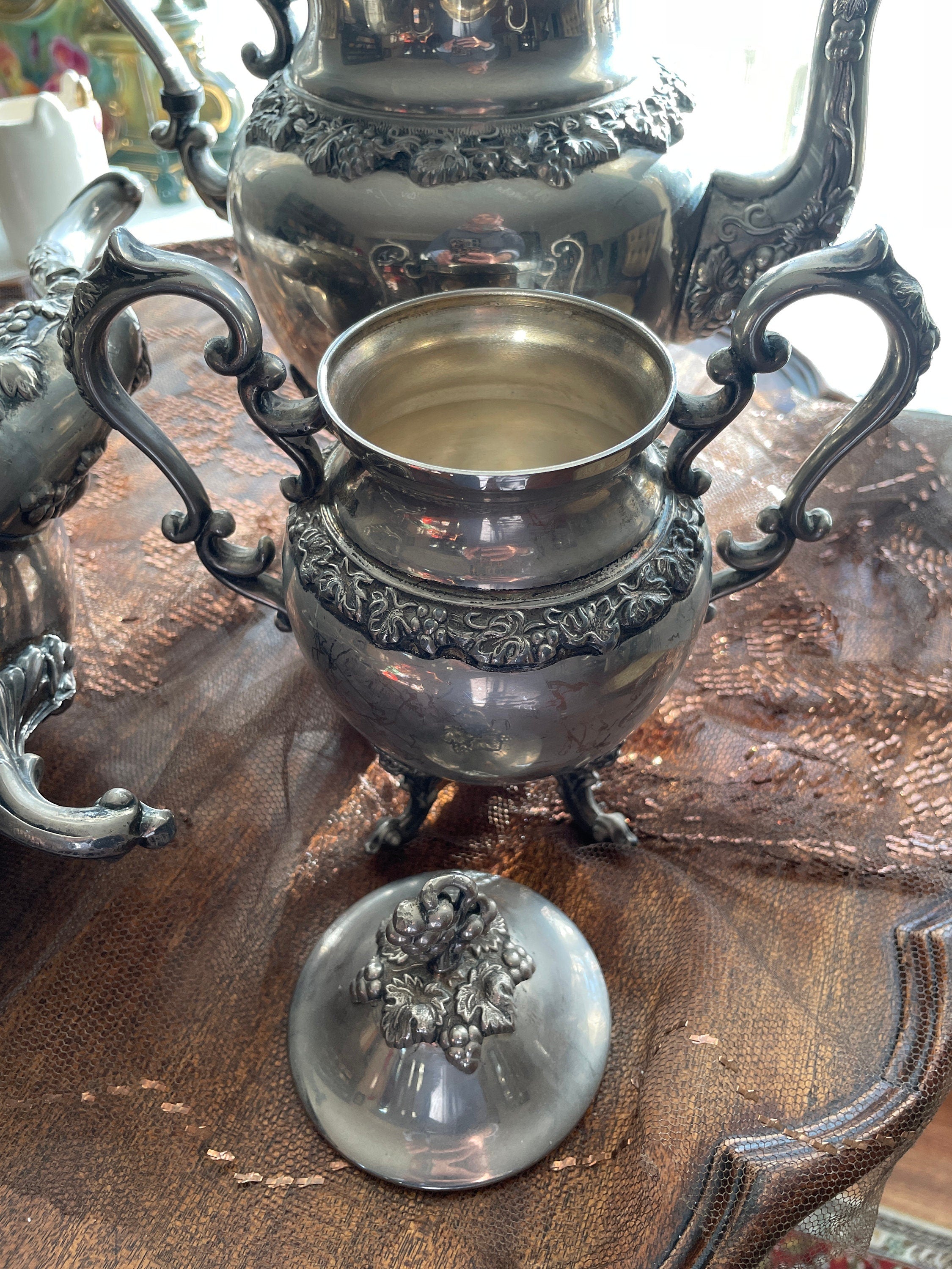 Vintage Silver Plated Copper Tea and Coffee Pot Set with Sugar Pot grapes leaves