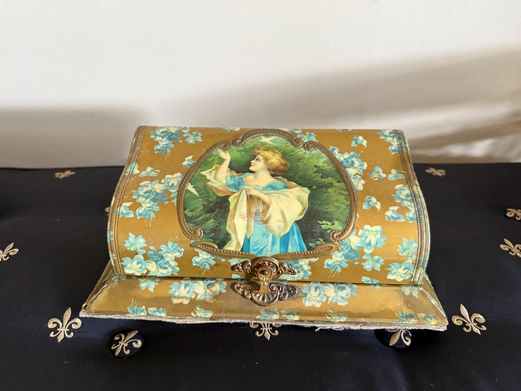 Antique Victorian Glove Box Lady Portrait Lithograph Floral Design Jewelry Storage Box 19th Century Collectible Jewelry Box Vanity Box