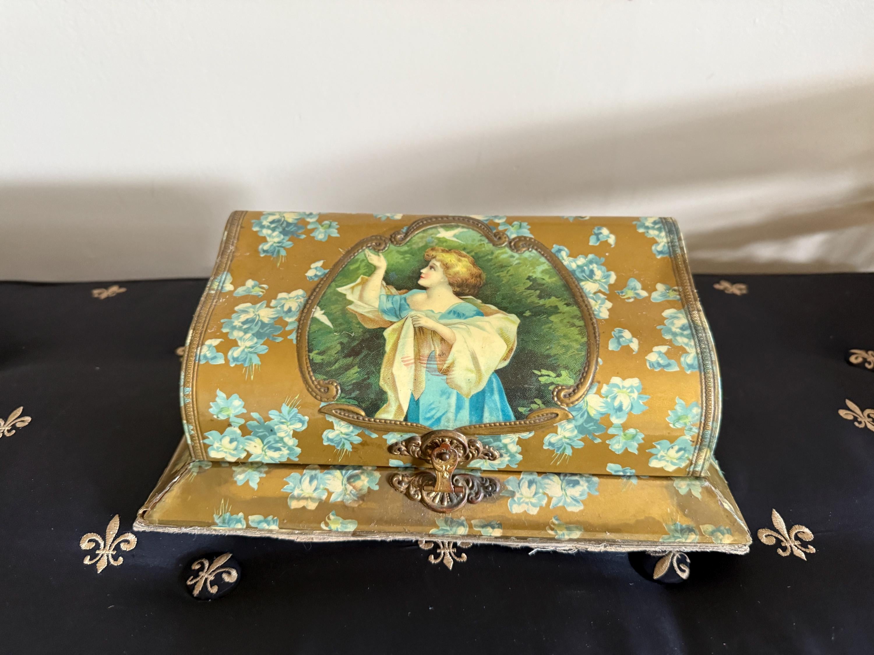 Antique Victorian Glove Box Lady Portrait Lithograph Floral Design Jewelry Storage Box 19th Century Collectible Jewelry Box Vanity Box