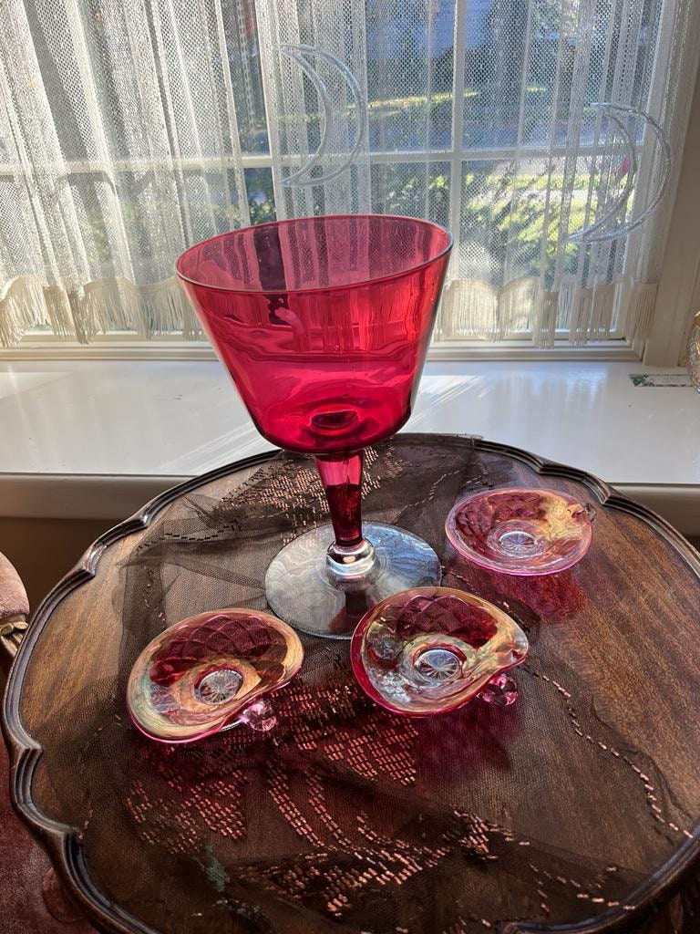 Vintage Ruby Red Glass Centerpiece Set Including Large Footed Bowl Three Candle Holders Elegant Iridescent Mid Century Decor Romantic Tablet