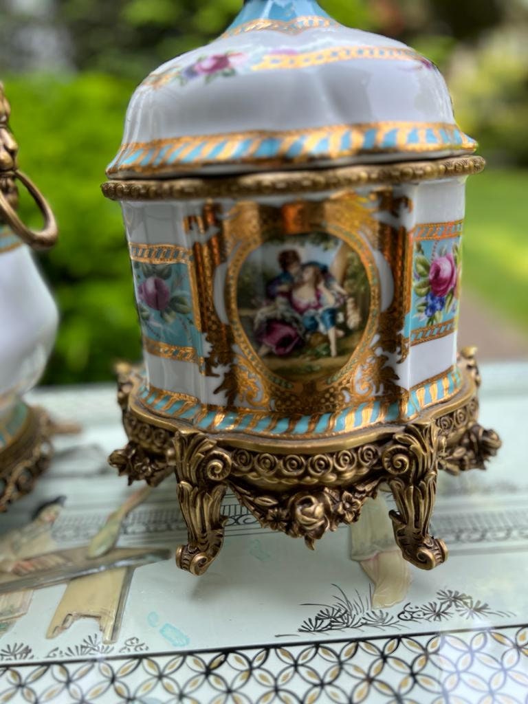 Vintage Porcelain Ice Cookie Jar Gold Gilded Over Flower and Pastoral Design, Amazing Brass Details,