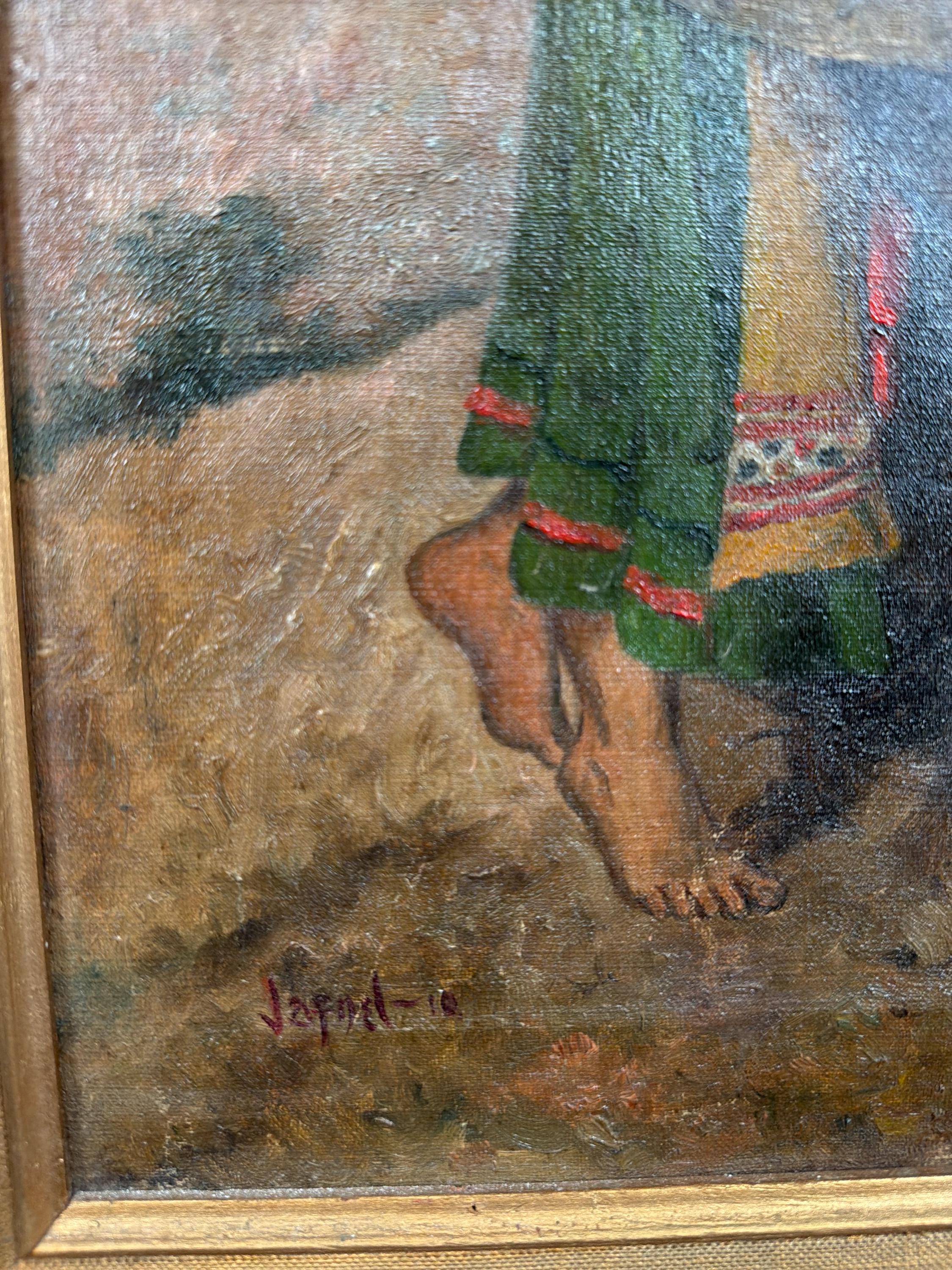 Antique European Oil Painting Girl at Fountain Signed Oil on Canvas Gilt Frame Late 19th Century