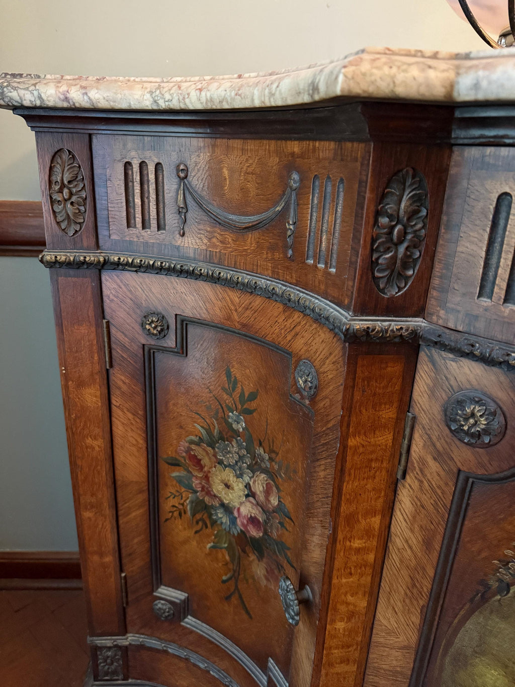 Antique French Marble Top Sideboard Hand Painted Panels Louis XV Style Painted Cabinet Elegant Drawers Luxurious Furniture Console Buffet