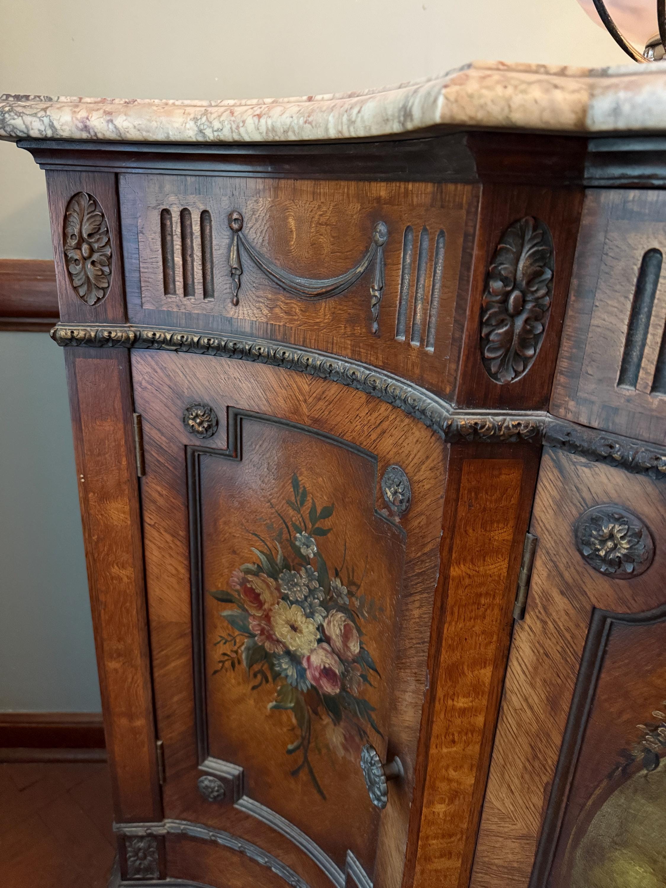 Antique French Marble Top Sideboard Hand Painted Panels Louis XV Style Painted Cabinet Elegant Drawers Luxurious Furniture Console Buffet