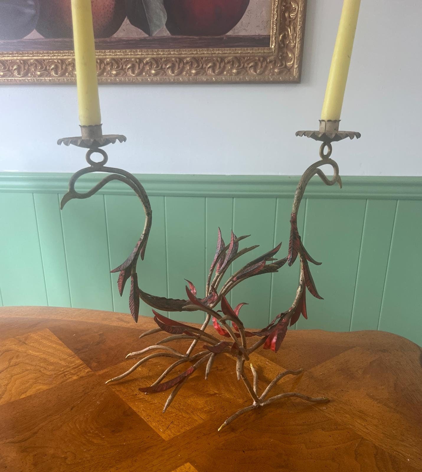 Vintage Handcrafted Rooster Candelabra Pair Sculptural Mid Century Folk Art Metal Candle Holders Statement Table Decoration Unique Iron Art