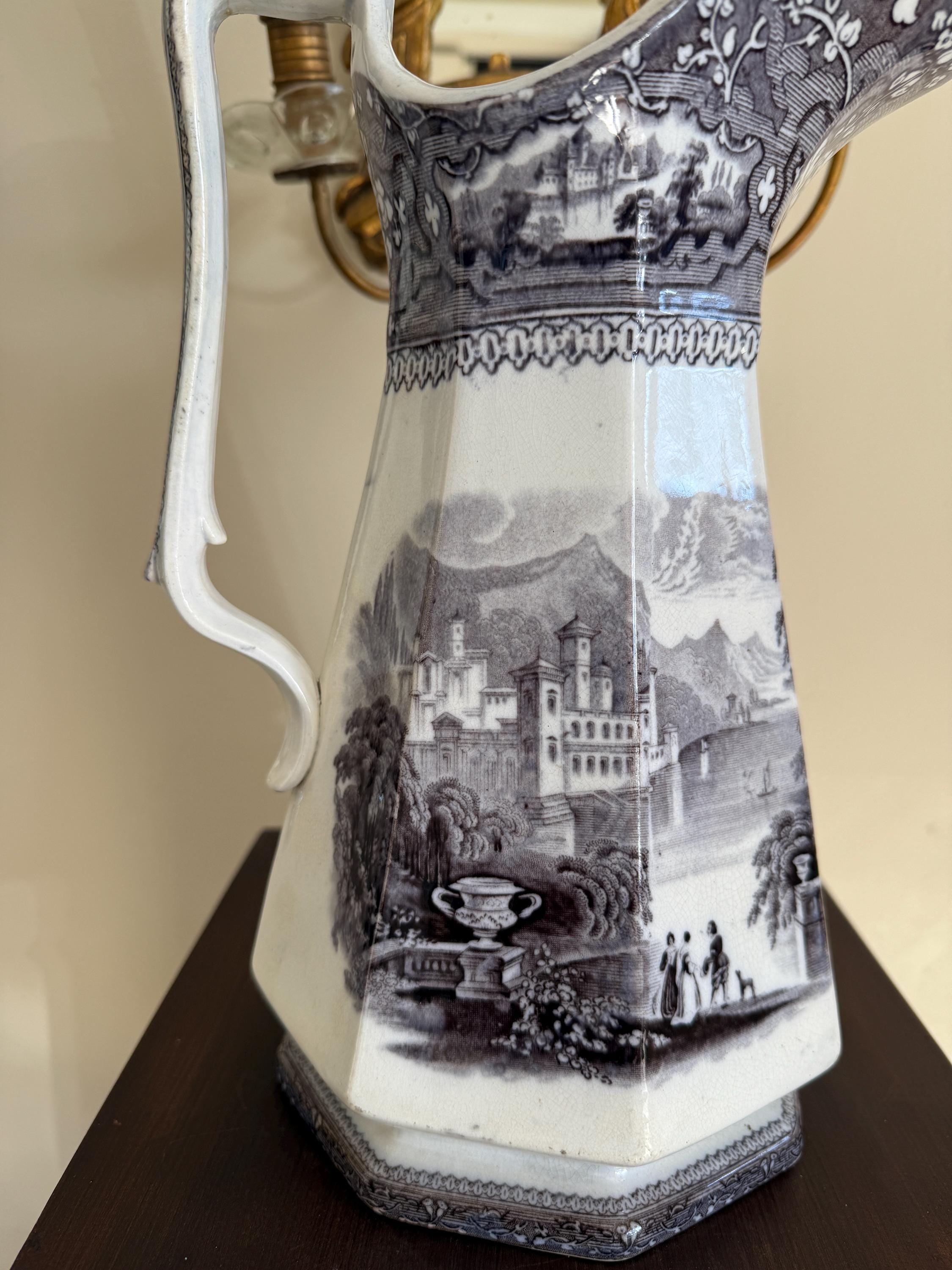 Antique Jug Pitcher Alleghany Ironstone Black Transferware Jug by R. Goddard & Co.19th C. American Pottery Romantic Pastoral Landscape Motif
