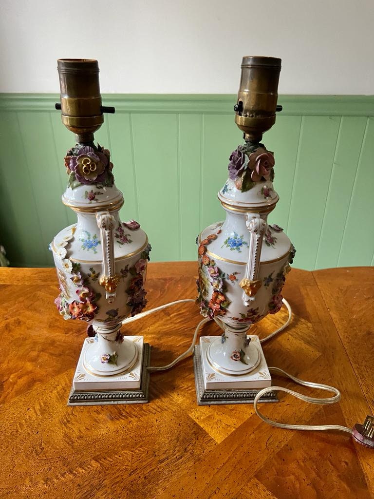 Pair of Vintage Rococo Porcelain Table Lamps Floral Relief Pastoral Scene Hand Painted Gilt Accents Romantic French Style Home Decoration