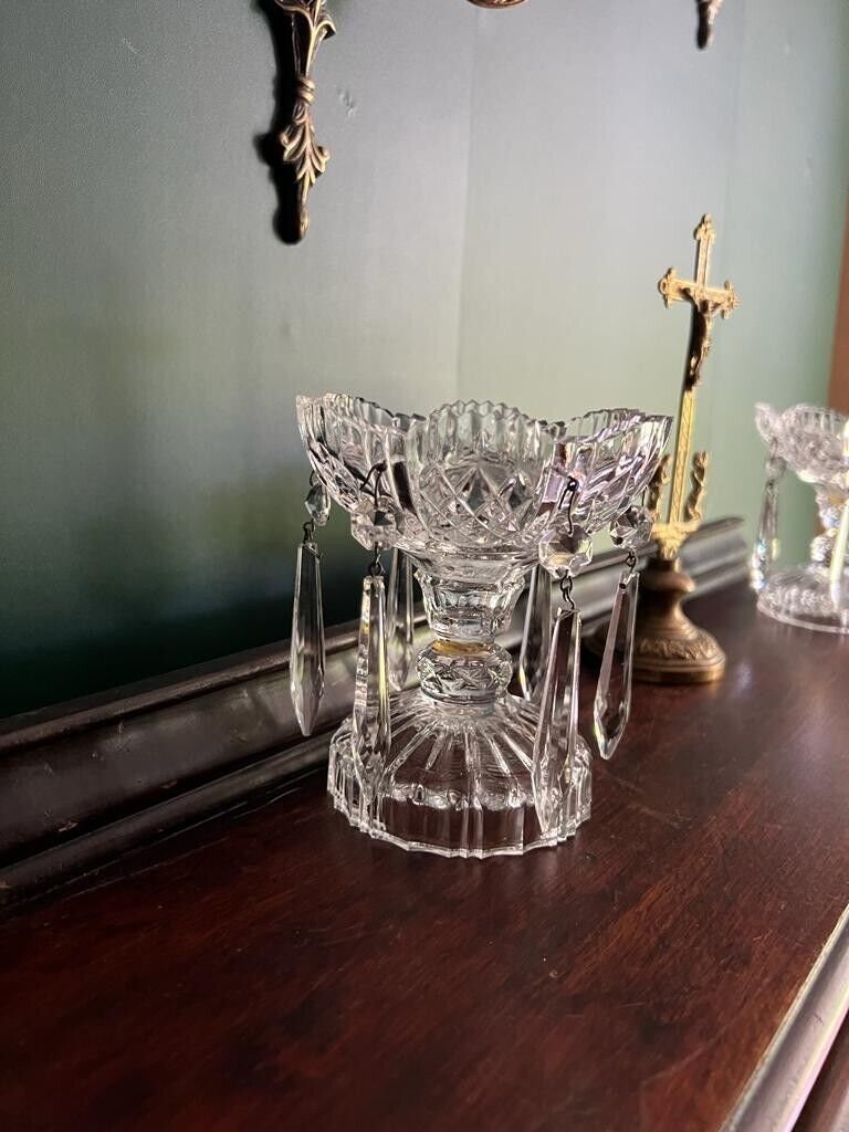 Vintage Crystal Footed Bowl Pair Hanging Prisms Cut Glass Centerpiece Altar Decoration Gothic Victorian Style Timeless Elegance Display